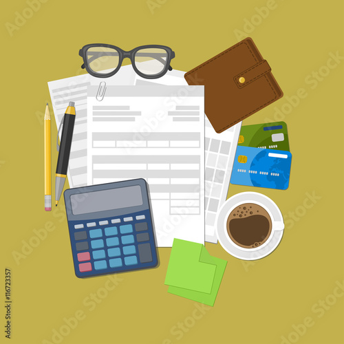 Concept of tax payment and invoice. Wallet, credit cards, calculator, pen, pencil, coffee, glasses, stickers for notes. Vector illustration.
