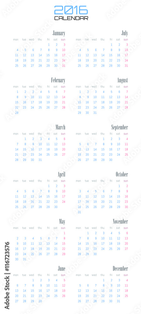 Calendar for 2016 on White Background. Week Starts Sunday. Simple Vector Template Calendar for 2016 on White Background. Week Starts Sunday. Simple Vector Template