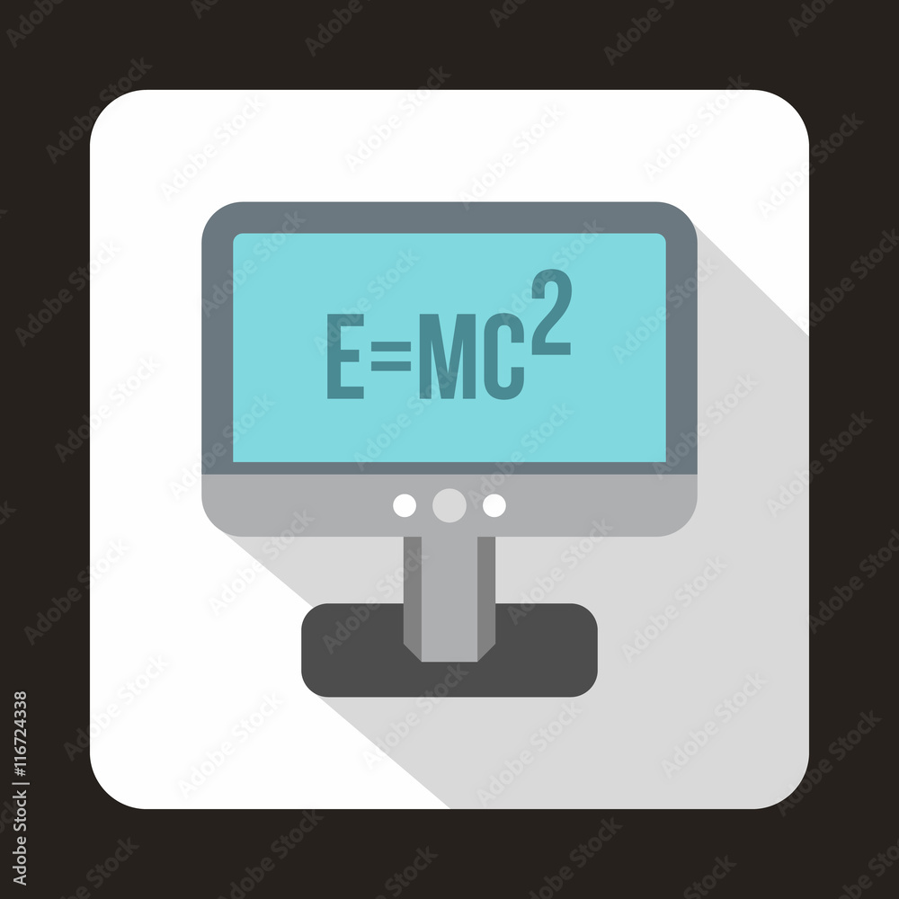 Computer monitor with the Theory of Relativity formula icon in flat style on a white background Computer monitor with the Theory of Relativity formula icon in flat style on a white background