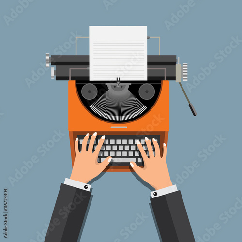 Hand using typewriter, Top View. Flat designed Vector Illustration
