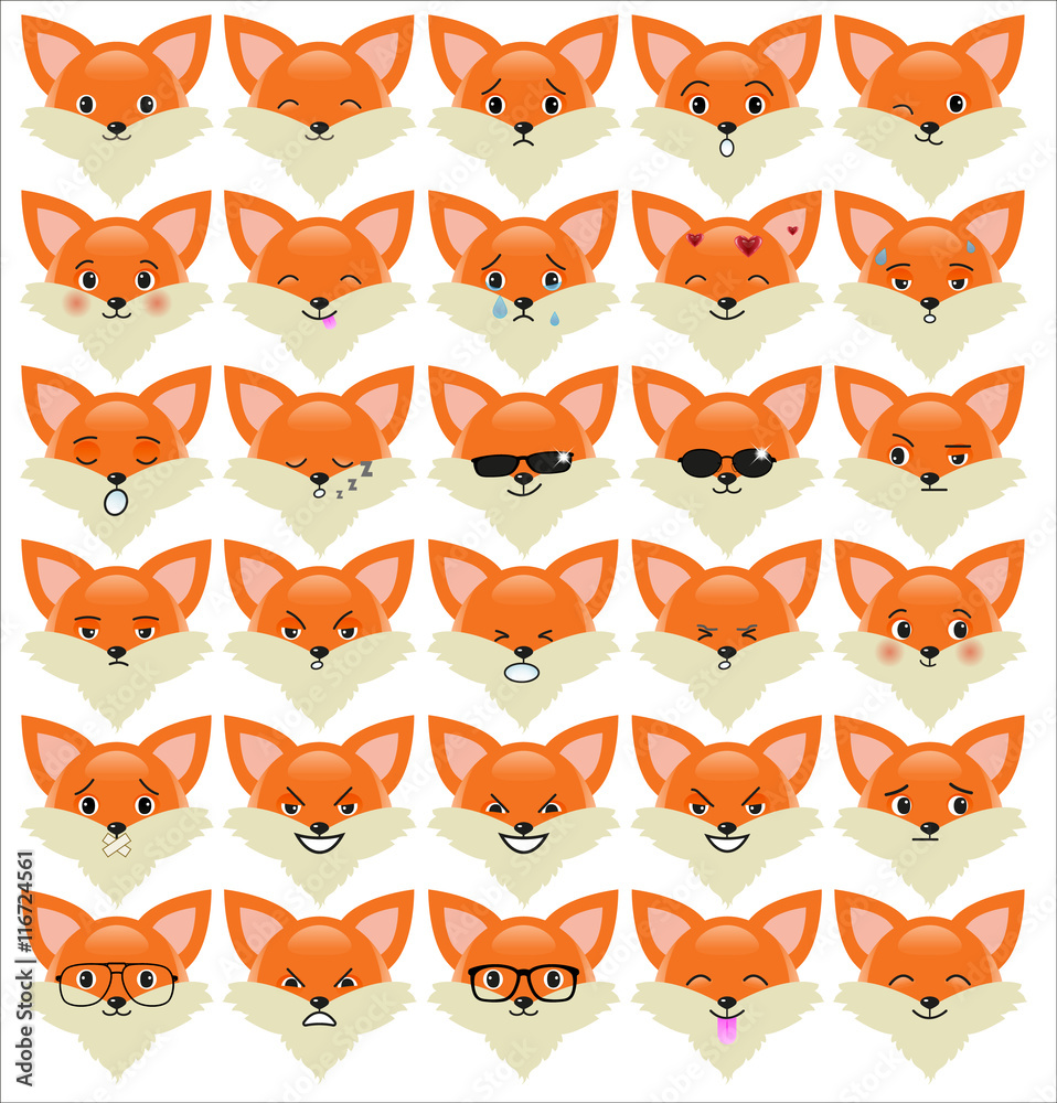Set of funny fox emoticons - smiling red foxes with different emotions from happiness to angry isolated on white background. Can be used for logos, icons, signs, avatars, web decor, other design