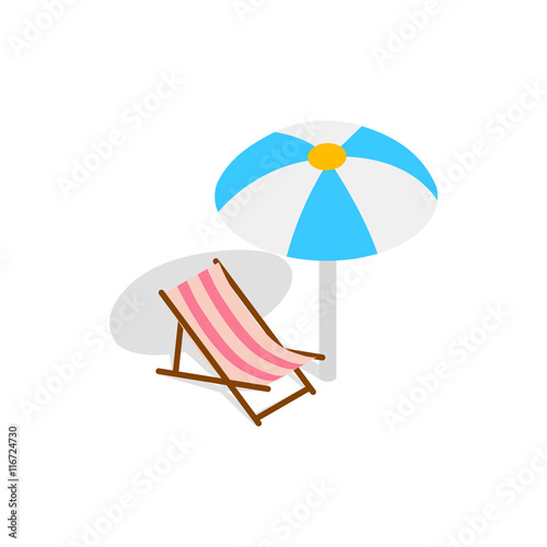 Beach chaise lounge with umbrella icon in isometric 3d style on a white background