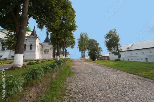 Pereslavl Zalessky, Russia - July 24, 2016: The central stone road of the Fedorovsky female orthodox monastery, founded in 1304.
