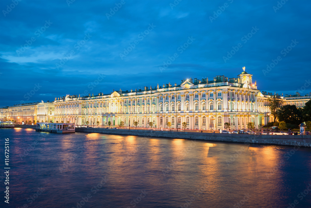 The Winter Palace from Palace embankment during the white nights. Saint Petersburg