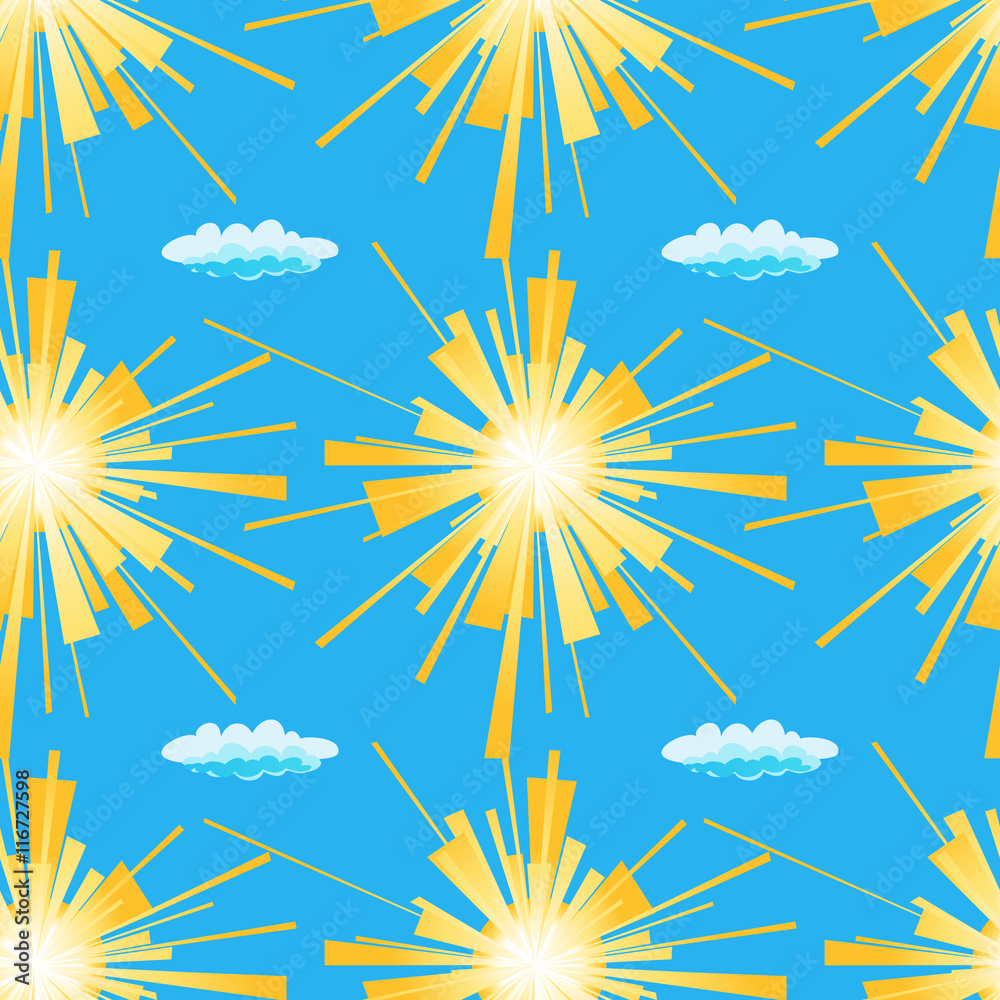 Summer sun seamless pattern. Vector illustration of yellow suns and clouds on a blue background.