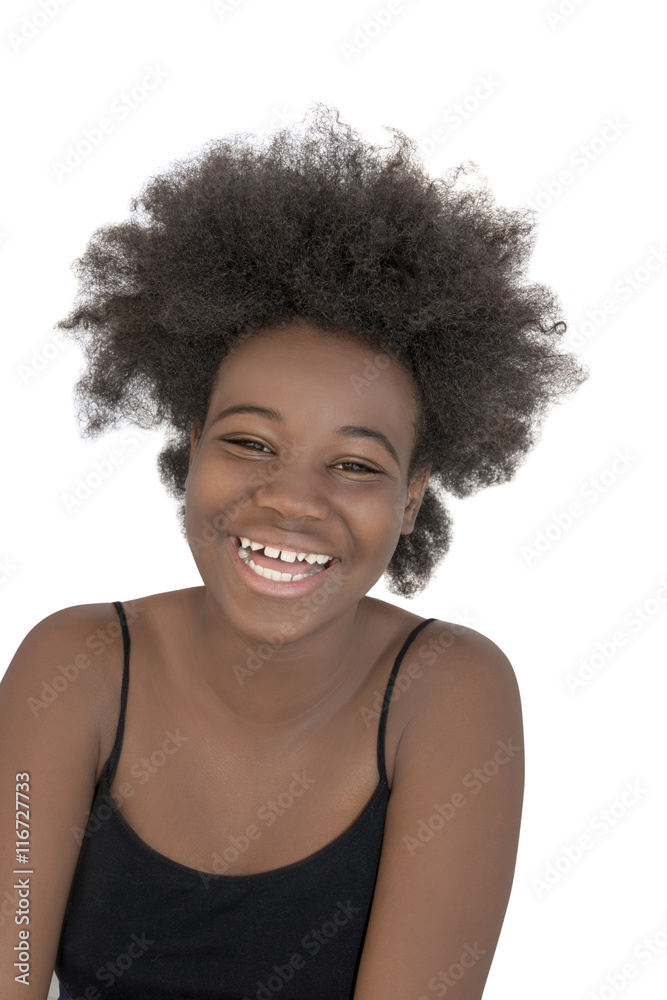 Afro girl laughing out loud, thirteen years old, isolated Afro girl laughing out loud, thirteen years old, isolated