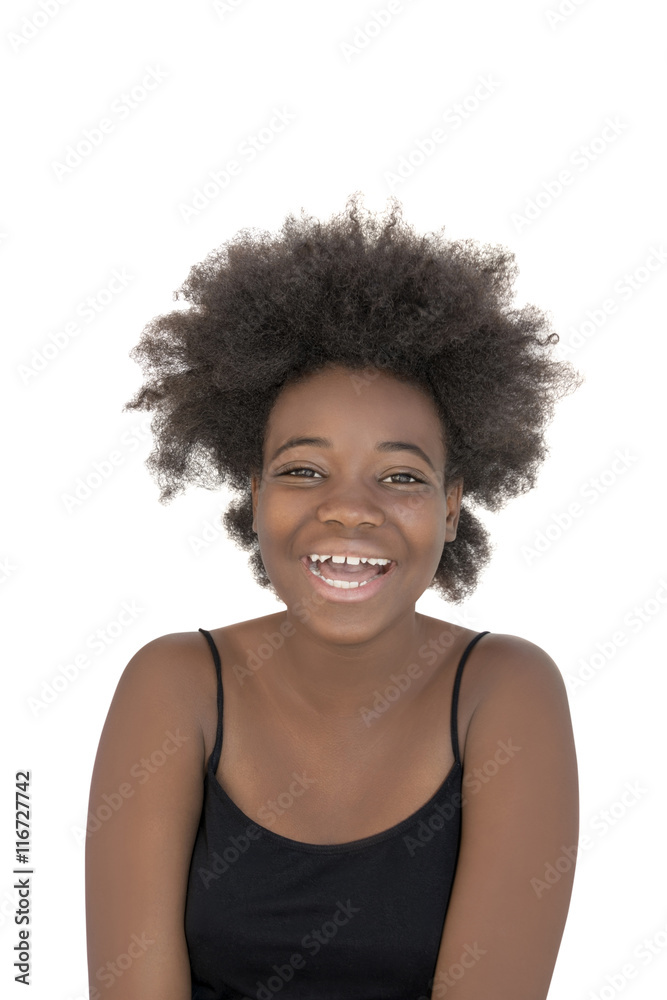 Afro girl laughing out loud, thirteen years old, isolated 