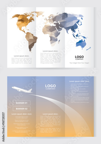 Brochure template (size A4 3 Fold 2 Side) low polygon world map orange and blue color, airplane illustration on sunset background, white and gray text layout with banner box and company logo