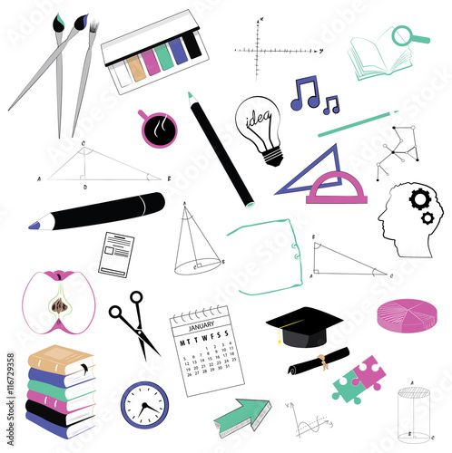 school items on white background. Back to School. Vector illustration. Set