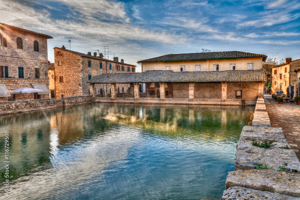 Bagno Vignoni, Siena, Tuscany, Italy: ancient thermal baths in the town square
