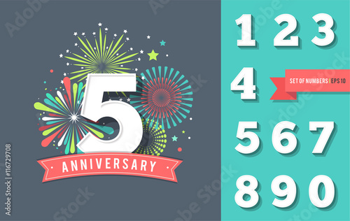 Anniversary fireworks and celebration background, set of numbers