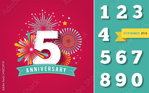 Anniversary fireworks and celebration background, set of numbers