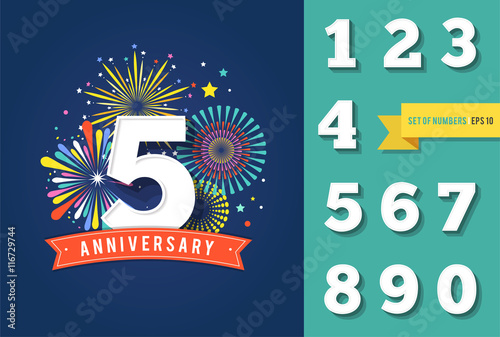 Anniversary fireworks and celebration background, set of numbers