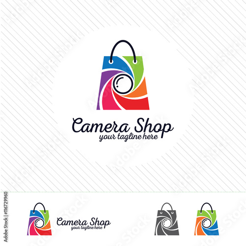 Shopping logo design vector , camera and aperture symbol on shopping bag.