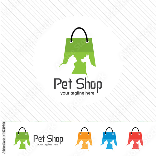 Pet shop logo design vector , cat and dog with shopping bag. 