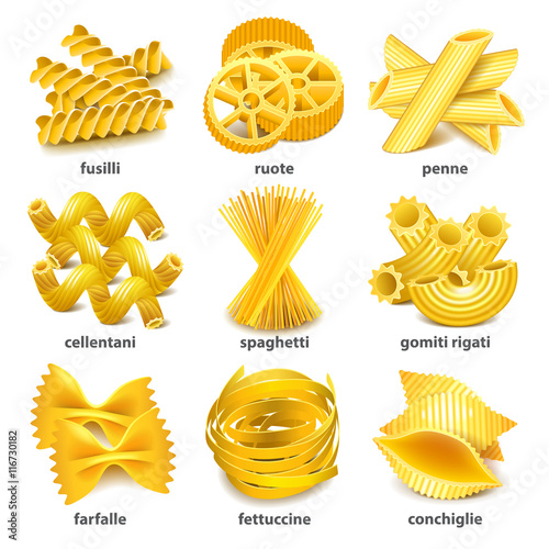 Pasta types icons vector set