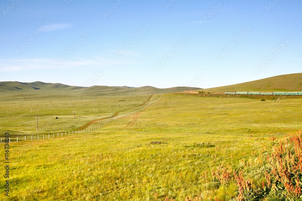 Fototapeta premium A view from the Trans-Siberian train at Ulaanbaatar , Mongolia
