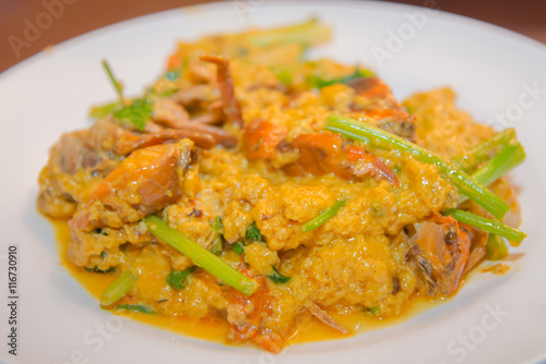 Fried crab in yellow curry , Stir-fried crab curry in Thailand.