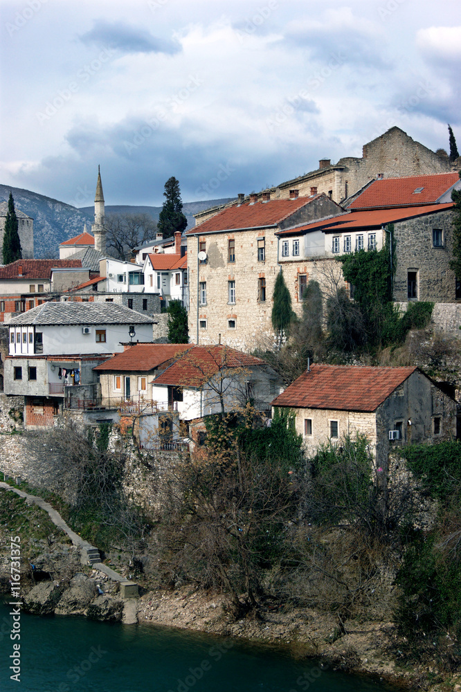 View of the left bank of the historic quarter in Mostar, Bosnia and Herzegovina