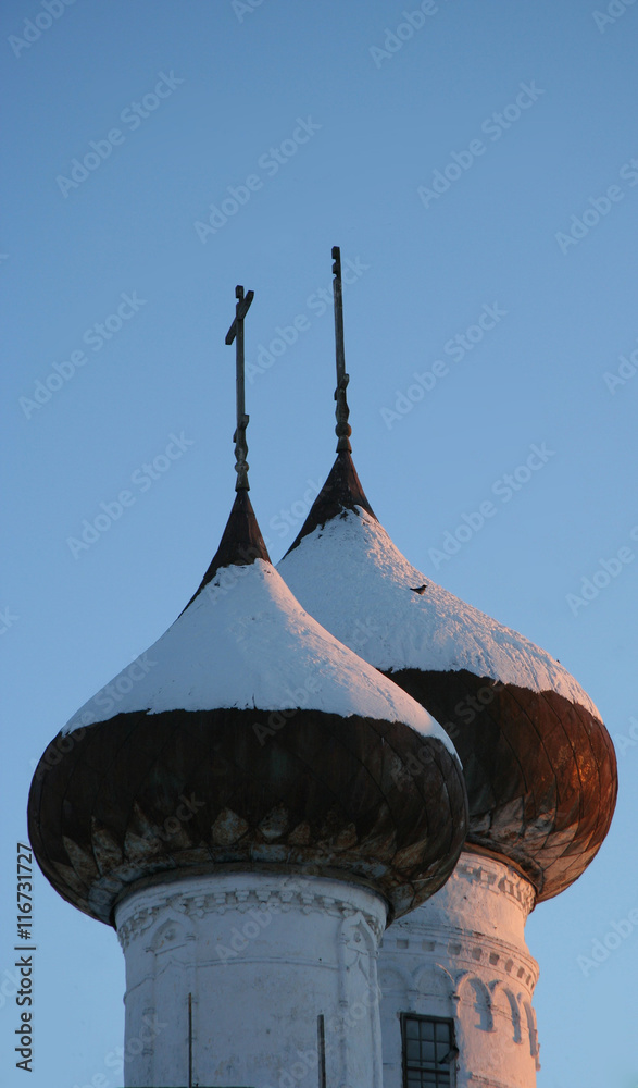 Domes and sunset, Russia, Kargopol