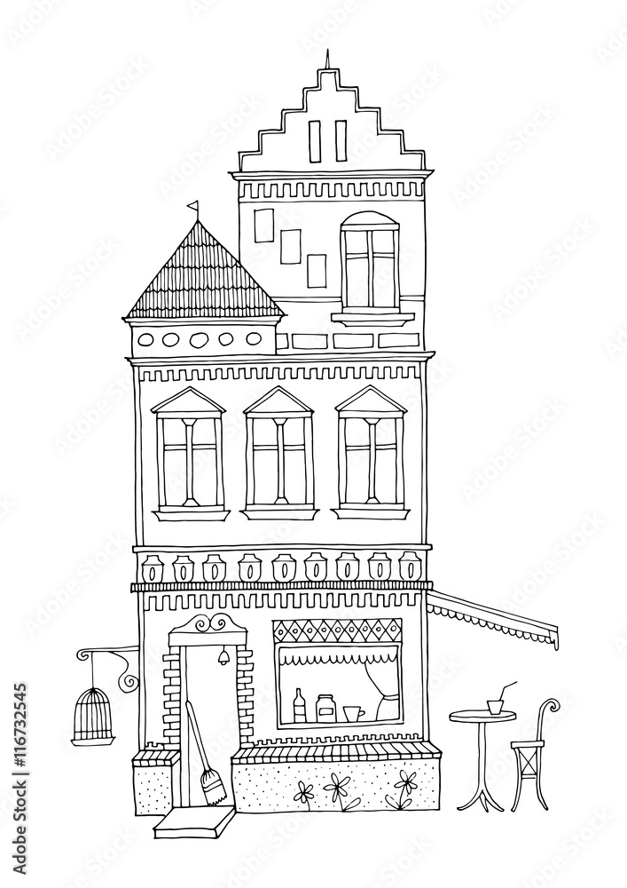 Lovely tall house with a cafe bar at the ground floor. Ornamented building illustration drawn by hand. Suitable for print, fill in coloring, relaxing, stress relieving activity.