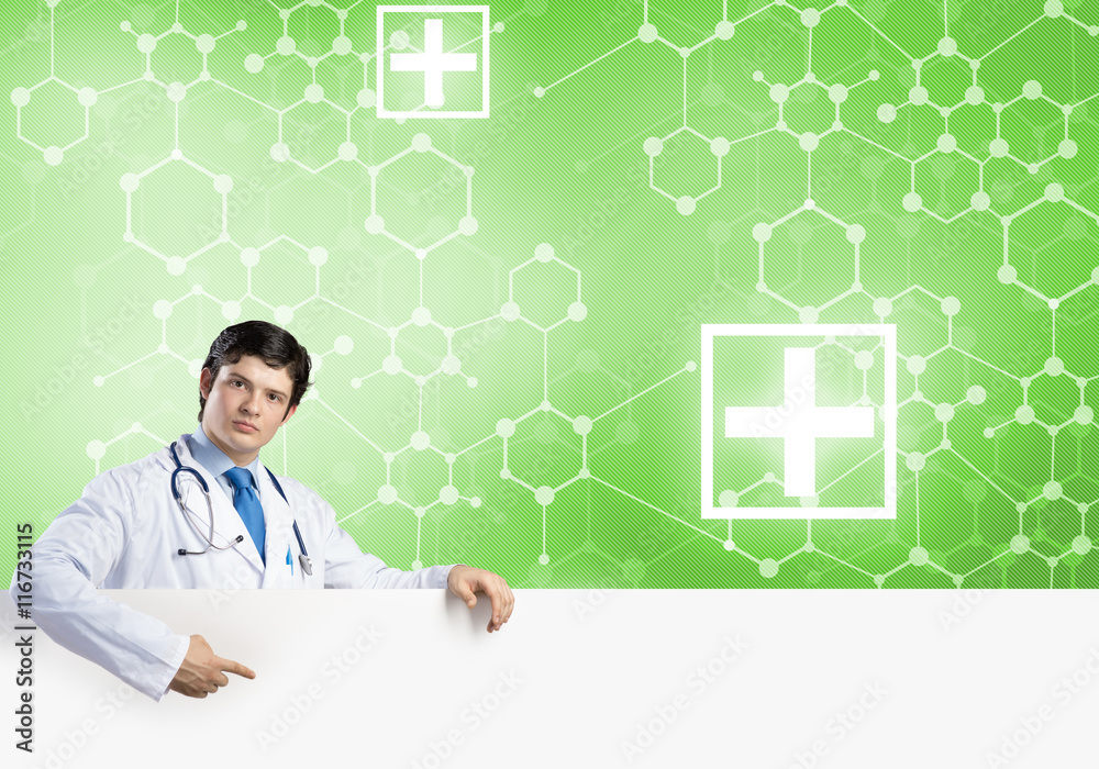 Doctor with banner Doctor with banner