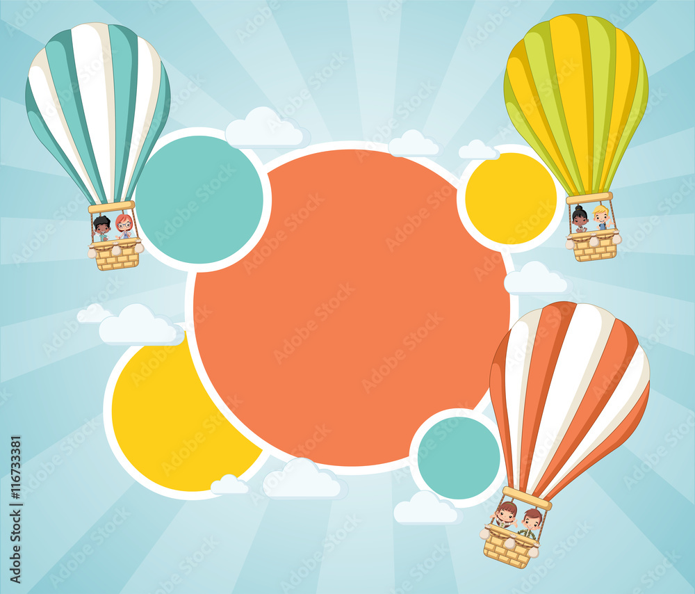 Naklejka premium Cartoon kids inside a hot air balloon in the sky. Infographic template design.