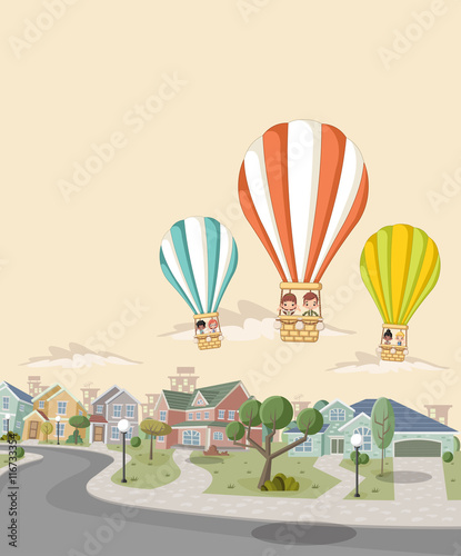 Cartoon kids inside a hot air balloon flying over a suburb neighborhood of a colorful city. 


