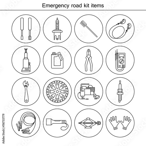Emergency road kit items. Flat line icons set. Auto mechanic tools. Isolated background.