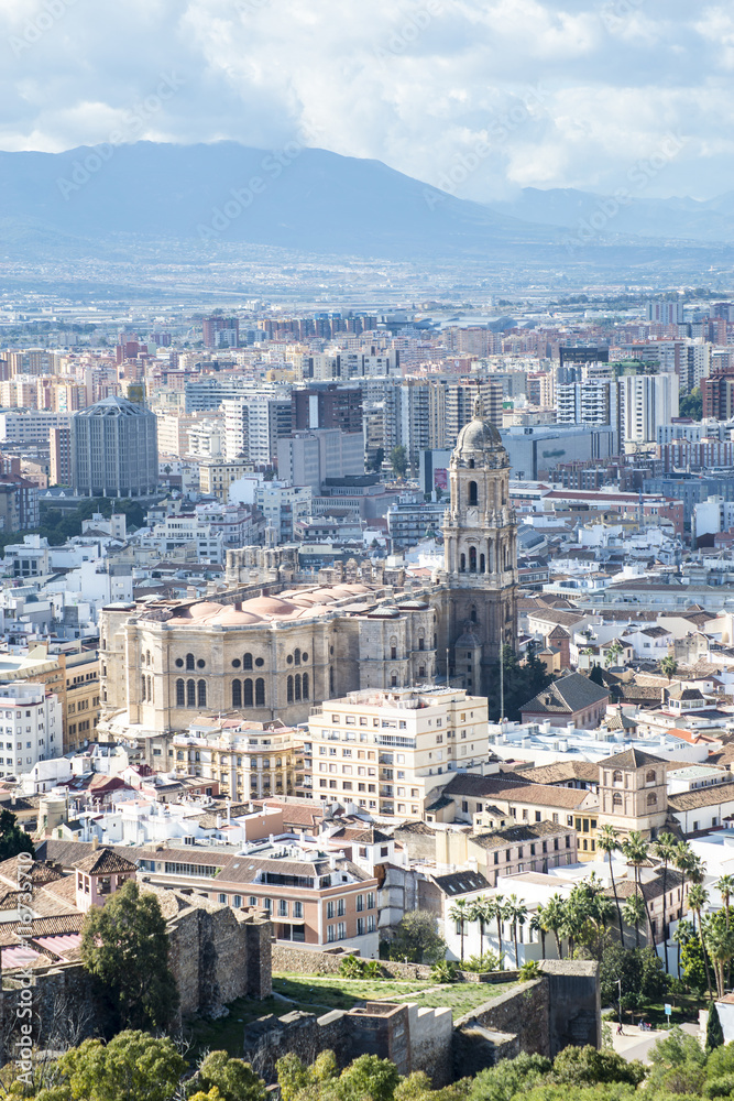 Aerial view of Malaga Cathedral from the Alcazaba citadel, Andalusia, Spain