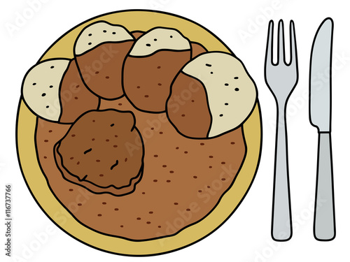 Brown sauce with dumplings / Hand drawing, vector illustration
