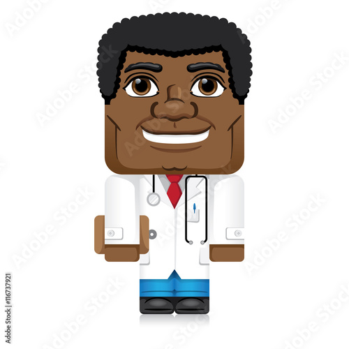 front Papertoy, African descent man lab coat, doctor or pharmacist with clipboard, stethoscope