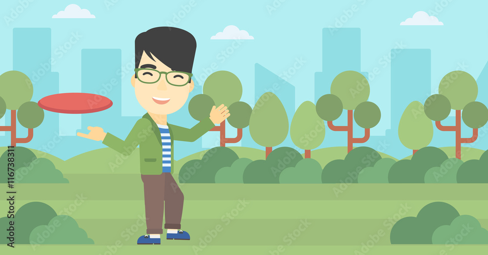 Man playing flying disc vector illustration.