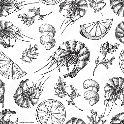 Shrimp vector drawing. Seamless seafood pattern.