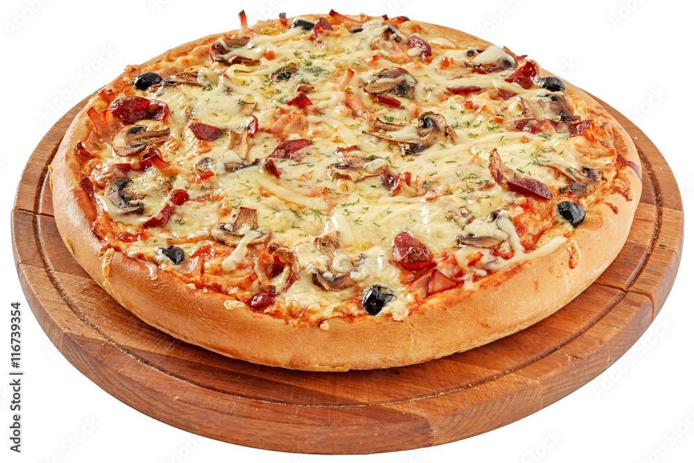 Pizza with smoked meat and mushrooms
