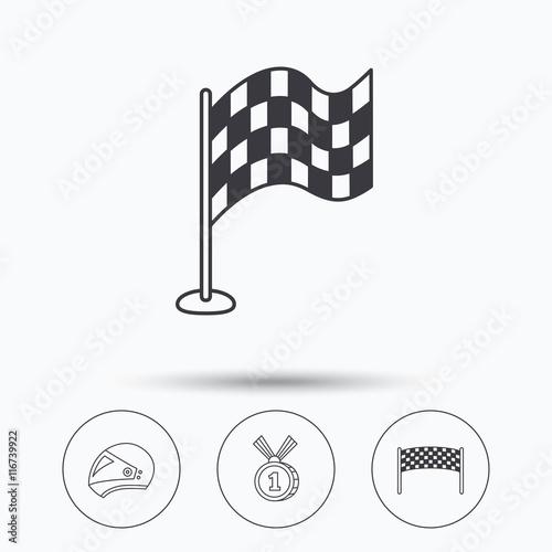 Race flag, checkpoint and motorcycle helmet.