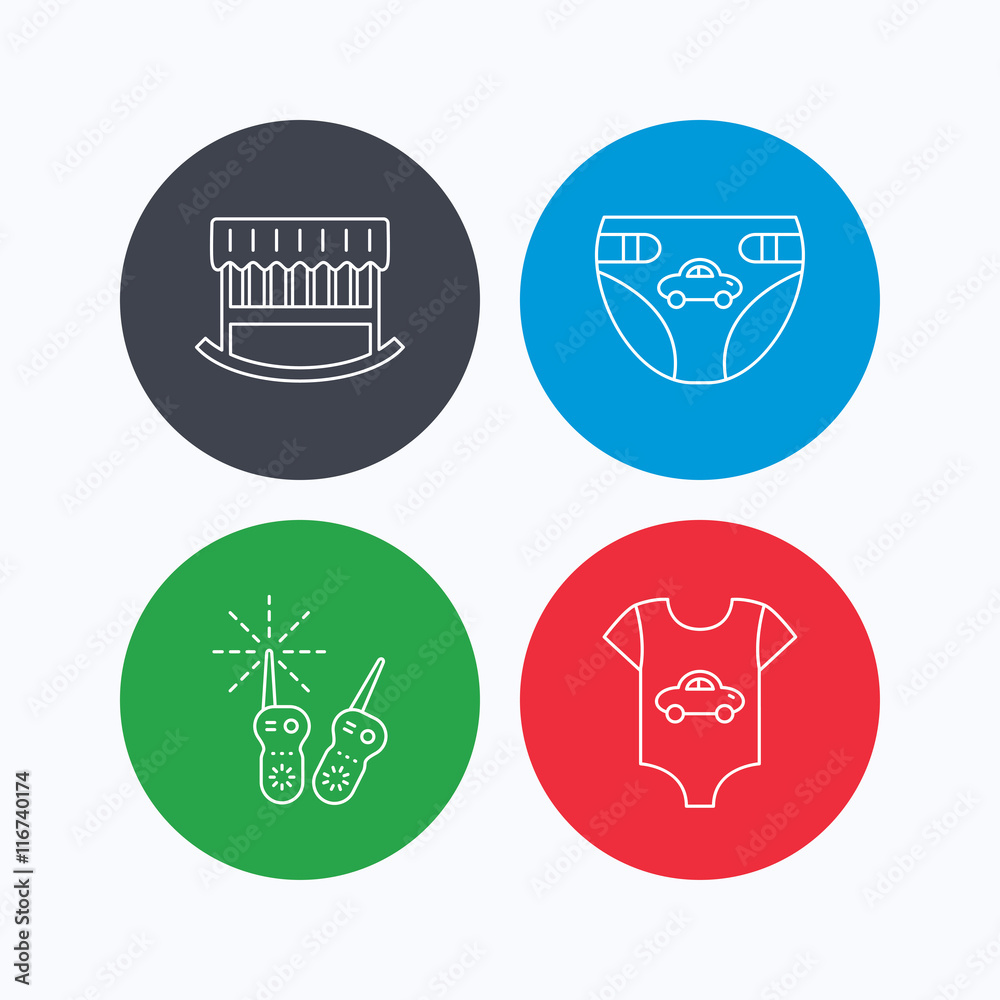 Newborn clothes, diapers and sleep cradle icons. Newborn clothes, diapers and sleep cradle icons.