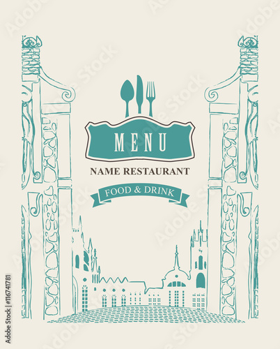 cover menu for cafe or restaurant with drawing house in old town