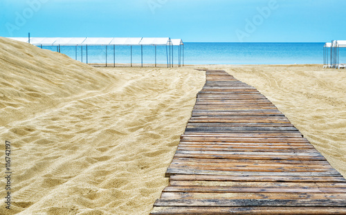 Tourist pathway on sandy beach at Black sea in Anapa, Russia