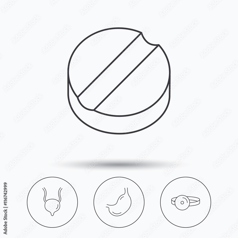 Medical mirror, tablet and stomach organ icons. Medical mirror, tablet and stomach organ icons.