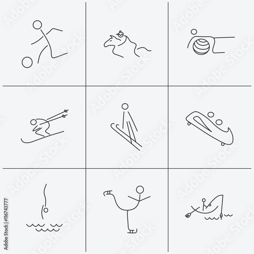 Pilates, football and skiing icons. Fishing.