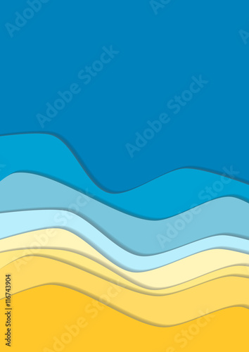 Yellow and blue curve wave line background, sea and beach in paper cut style. space for text. Cropped with Clipping Mask
