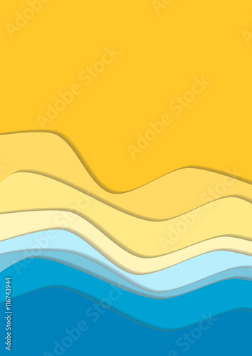 Yellow and blue curve wave line background, sea and beach in paper cut style. space for text. Cropped with Clipping Mask