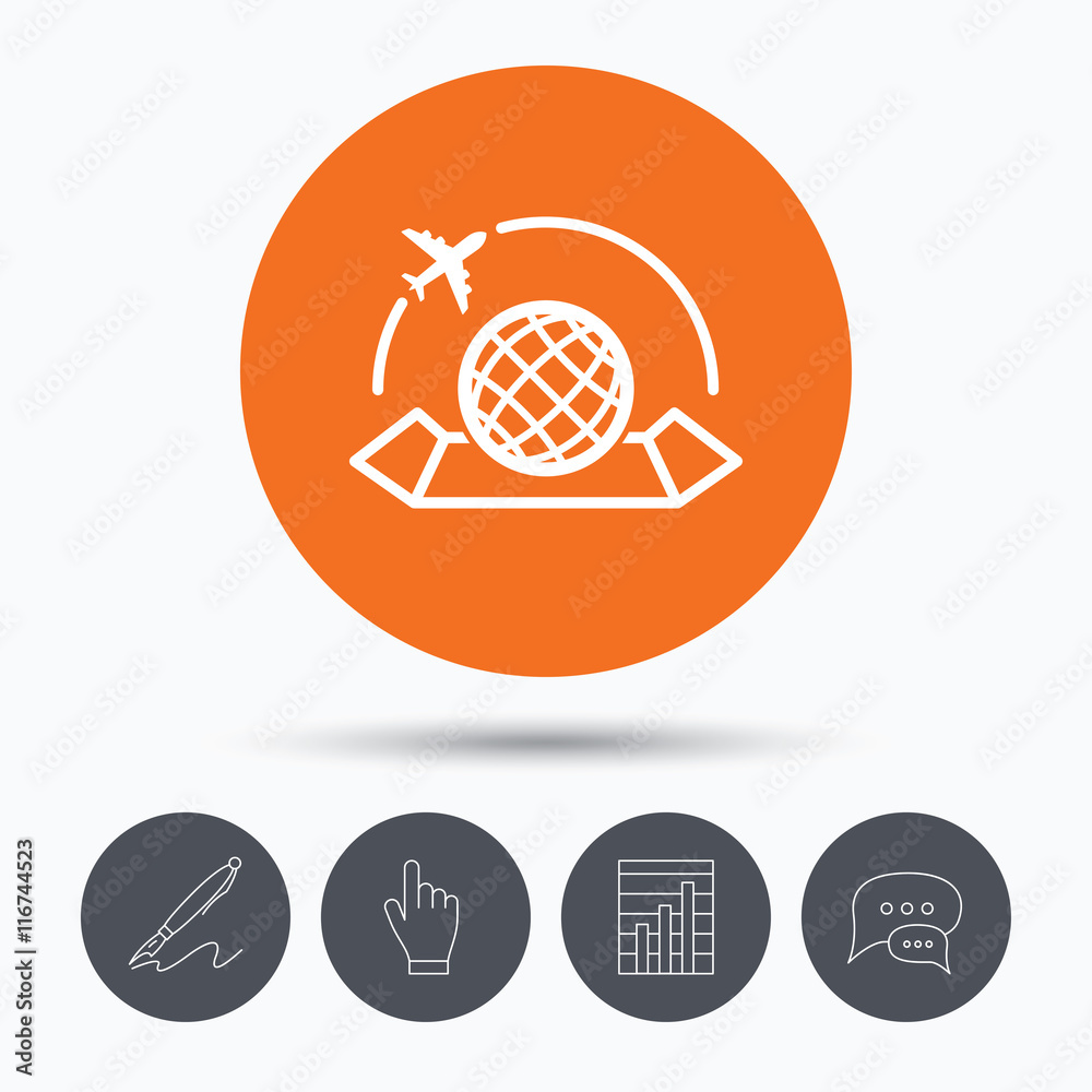 World map icon. Plane travel sign. World map icon. Plane travel sign.