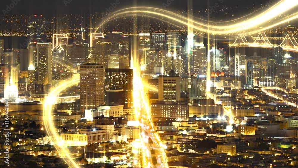 Time lapse of downtown San Francisco with glowing lines of information flowing through the buildings.