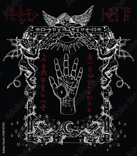 Mystic frame with chiromancy palm, demons and angel