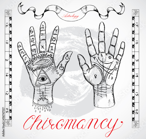 Chiromancy chart with hands and lines