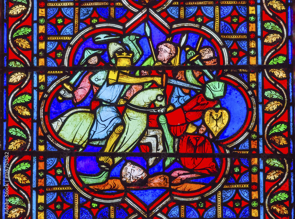 Knights Fighting Battle Stained Glass Notre Dame Cathedral Paris