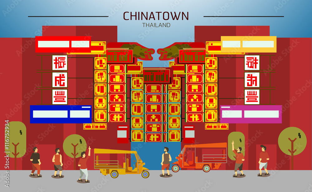 Obraz premium Chinatown in Thailand,Bangkok with people and tuk tuk flat
