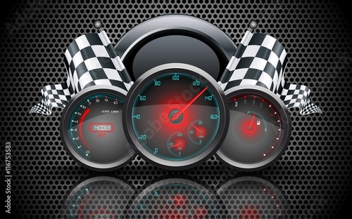 Speedometer, tachometer, temperature and fuel gauge on on metal perforated background